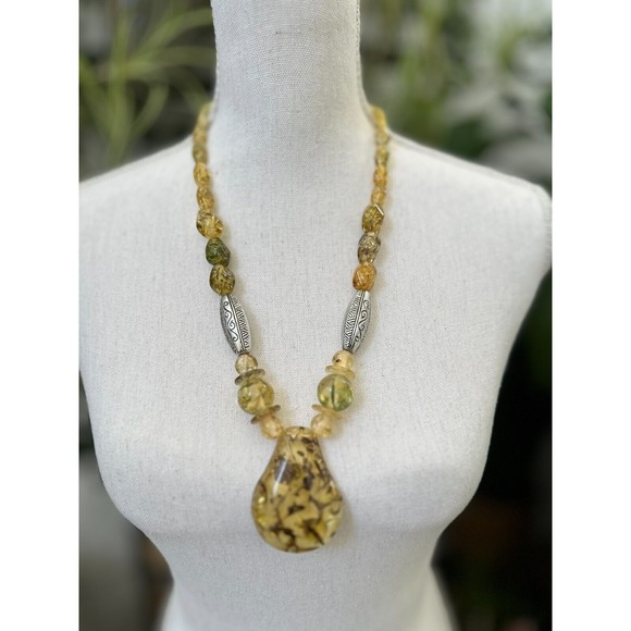 Chunky Vintage Confetti Lucite Faux Amber Graduated Bead Necklace 15" Retro MCM - Picture 4 of 14